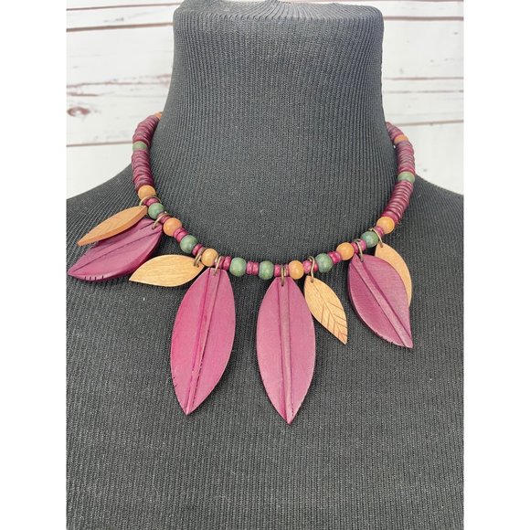 Women's Multi Colored Leaves Wooden Necklace - Picture 2 of 3